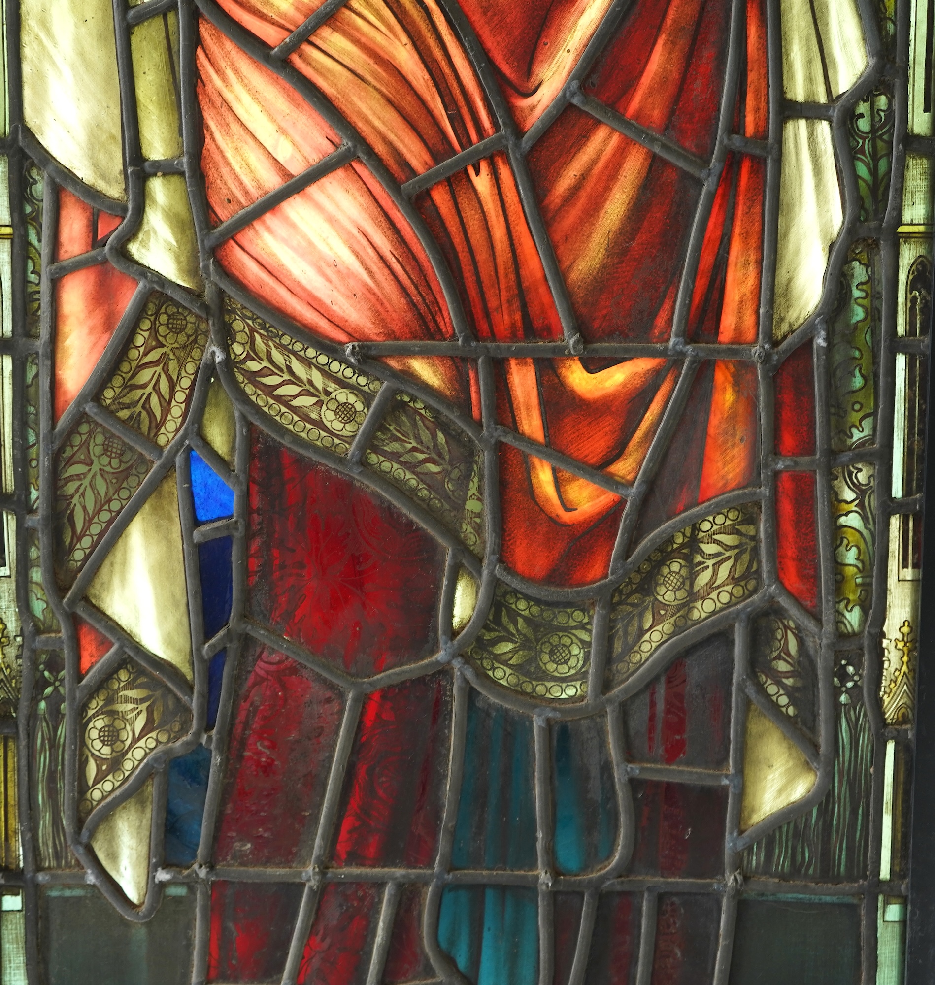 Attributed to Henry Holiday (1839-1927) for James Powell & Son: A stained and painted glass panel depicting the Virgin and Child